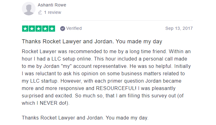 Rocket Lawyer Five Star Customer Review