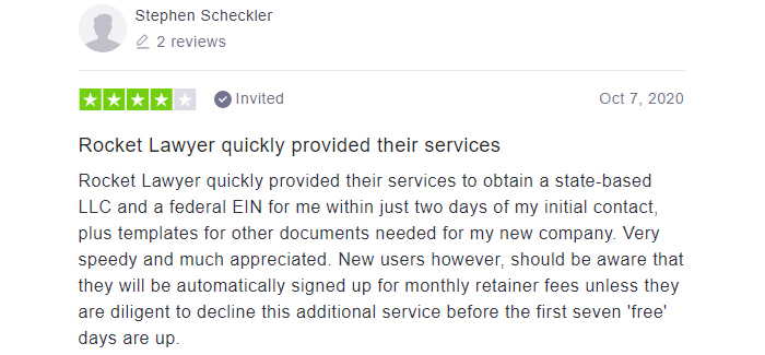 Rocket Lawyer Four Star Customer Review