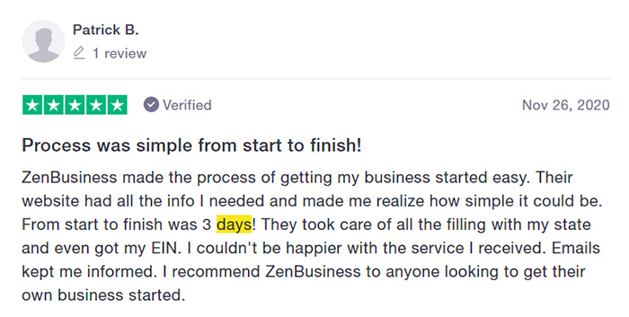 ZenBusiness Fast Filing Customer Review Four
