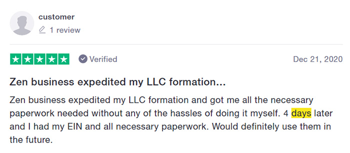 ZenBusiness Fast Filing Customer Review Three