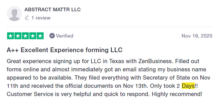 ZenBusiness Fast Filing Customer Review Two