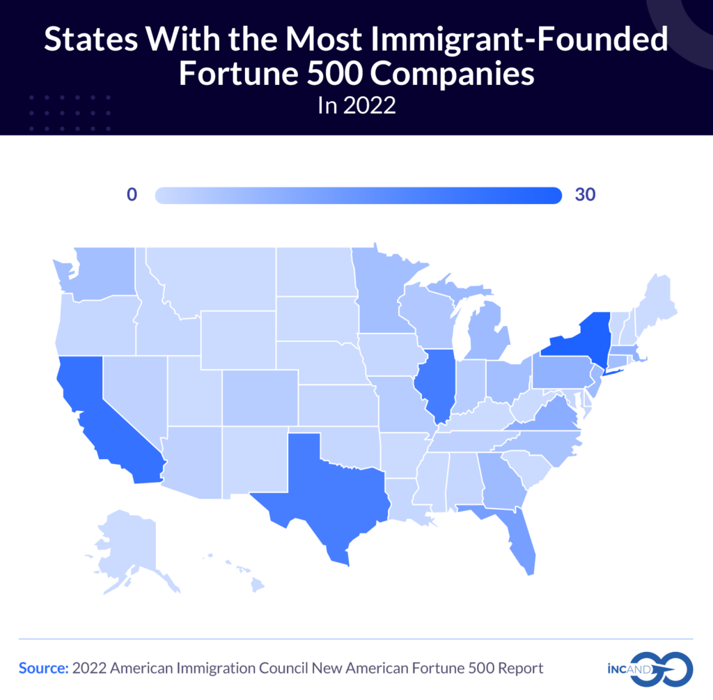 U.S. states with the most immigrant-founded fortune 500 companies in 2022 map